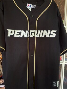 Majestic Black and Cream Penguins Button-Up Jersey